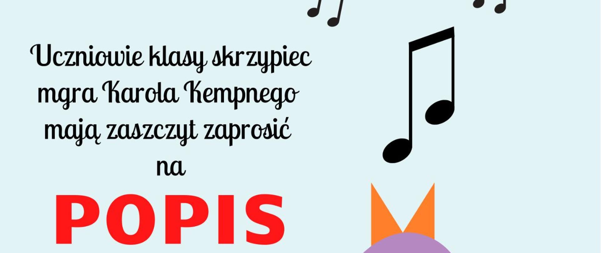 Plakat informacyjny dotyczący Popisu klasy skrzypiec odbywającego się w dniu 12.05.2025 o godz. 18.30.