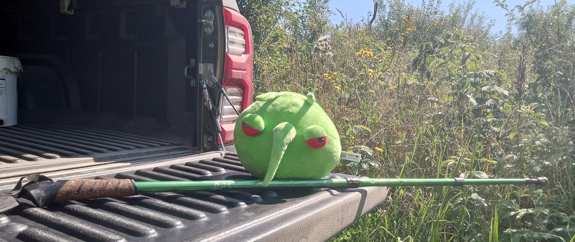Zielona pluszowa zabawka w kształcie szkodnika roślin z czerwonymi oczami, leżąca na otwartej tylnej klapie samochodu typu pick-up.