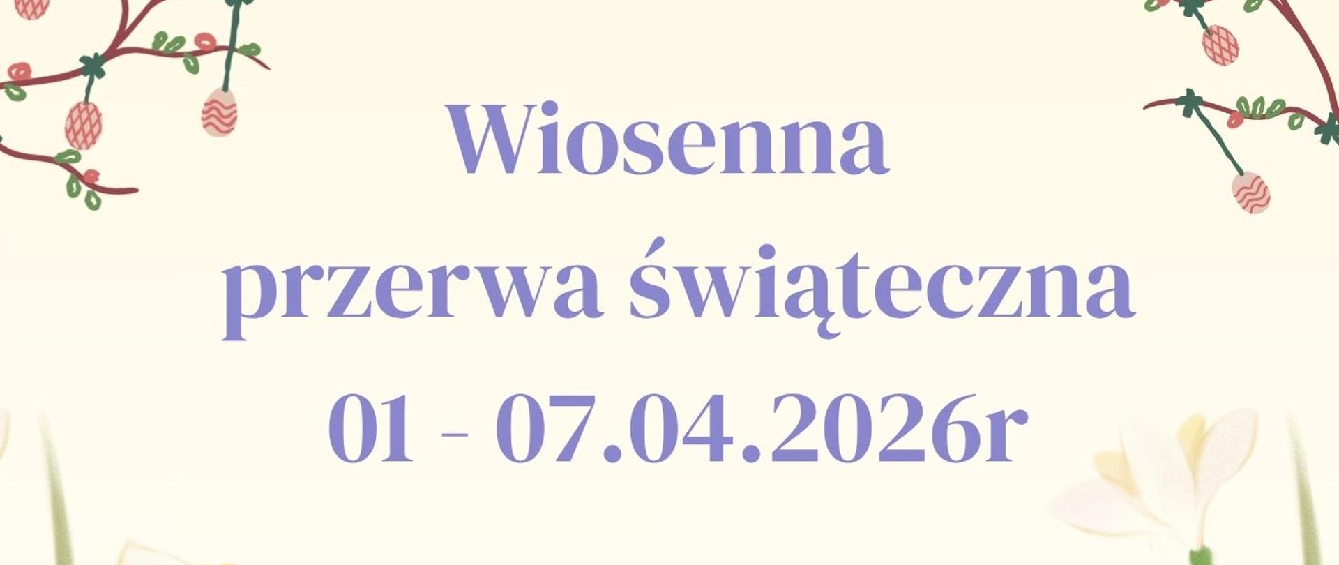 plakat wykonany na żółtym tle. Na dole widoczny króliczek z kokardką pod szyją. Obok króliczka widoczne 3 pisanki. Po bokach i na na górze plakatu widoczne kwiaty.