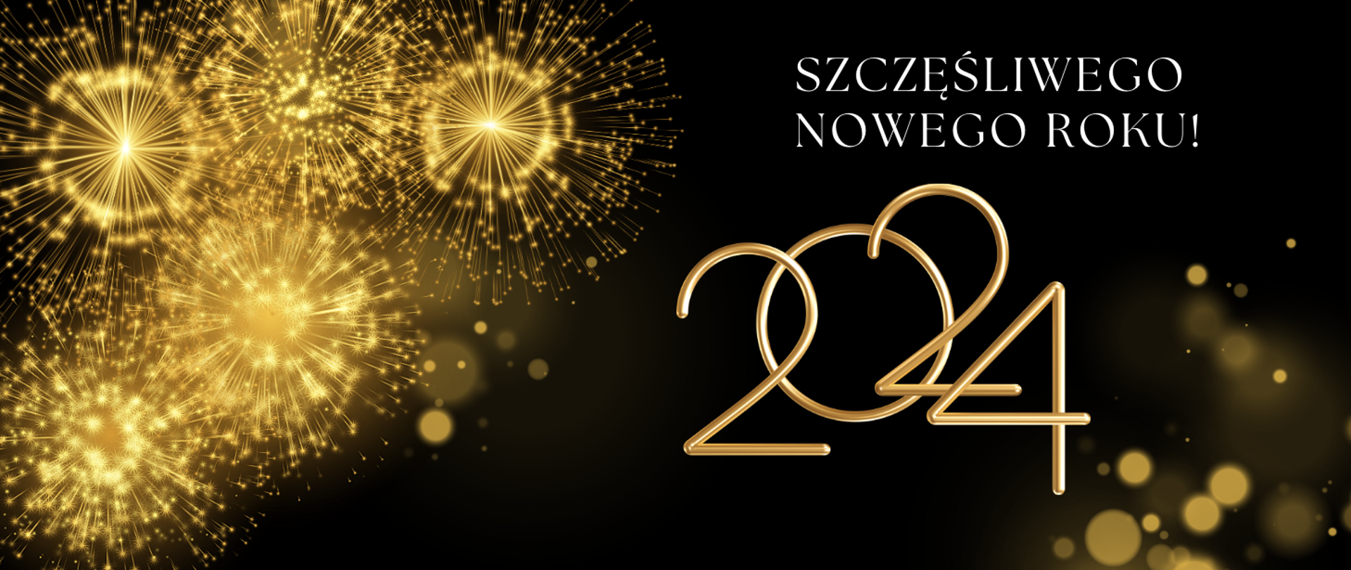 Tło obrazka w kolorze czarnym. Po lewej stronie rozbłysły złote wystrzały fajerwerków. Po prawej stronie u góry biały napis "szczęśliwego nowego roku", poniżej złotym kolorem "2024".