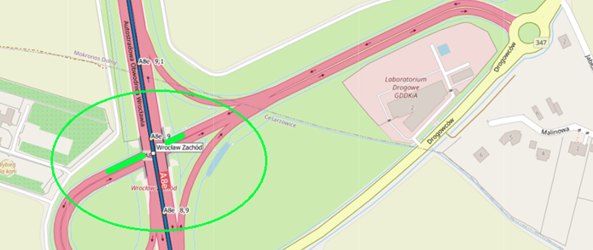na zdjęciu widoczny wycinek mapy przedstawiający węzeł Wrocław Zachód 
