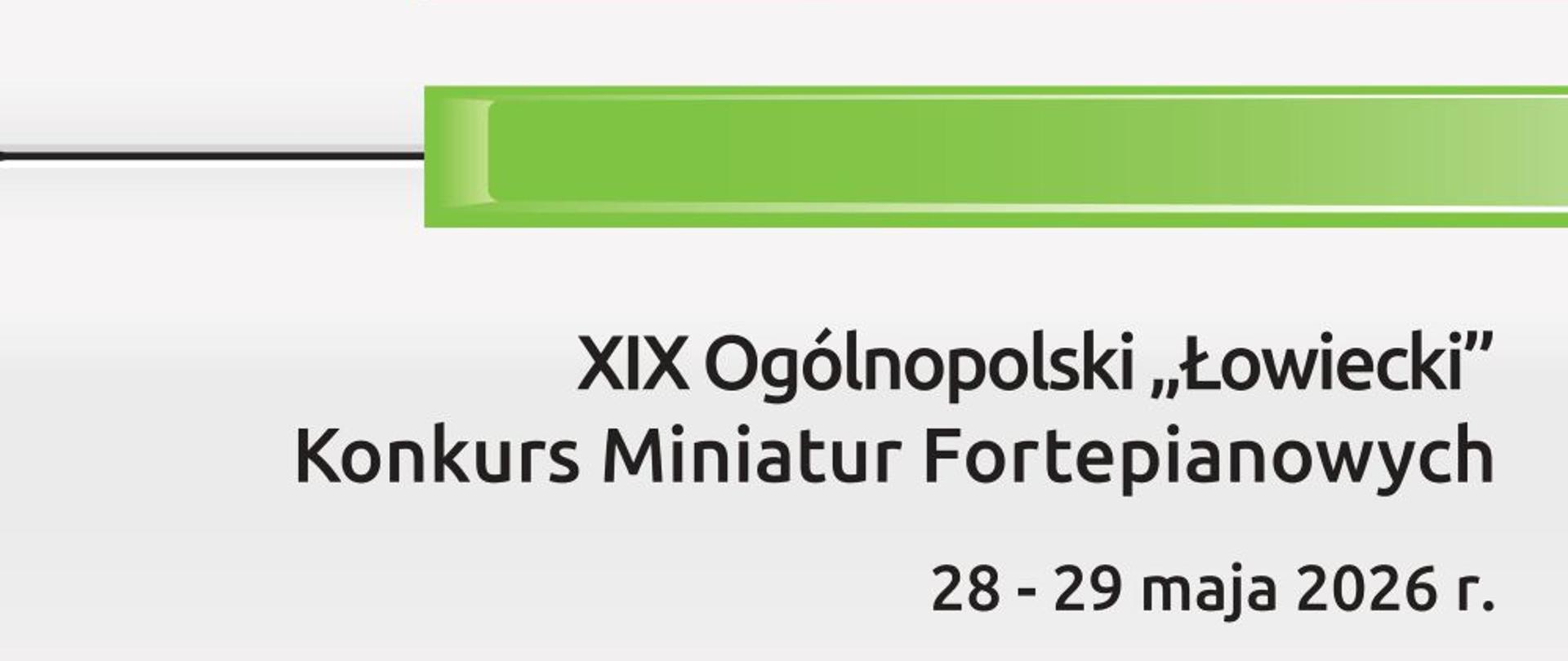 baner zapowiadający XIX Ogólnopolski Konkurs Miniatur Fortepianowych, zawiera termin konkursu i grafikę kolorowych klawiszy fortepianowych