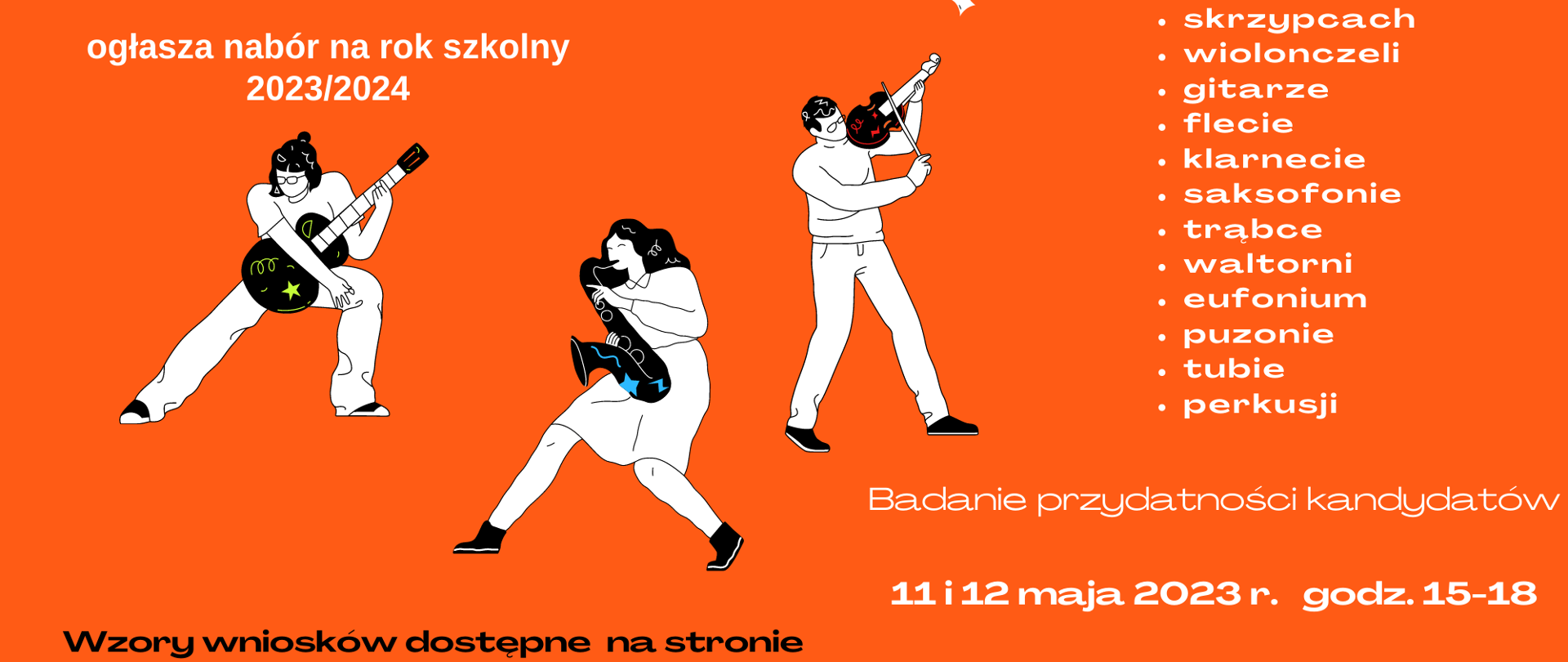Plakat w kolorze pomarańczowym informujący o rekrutacji do PSM Koźle, na górze po lewej sylwetki osób grających na saksofonie, gitarze i skrzypcach, obok wypisane instrumenty, na których można się uczyć grać w szkole.