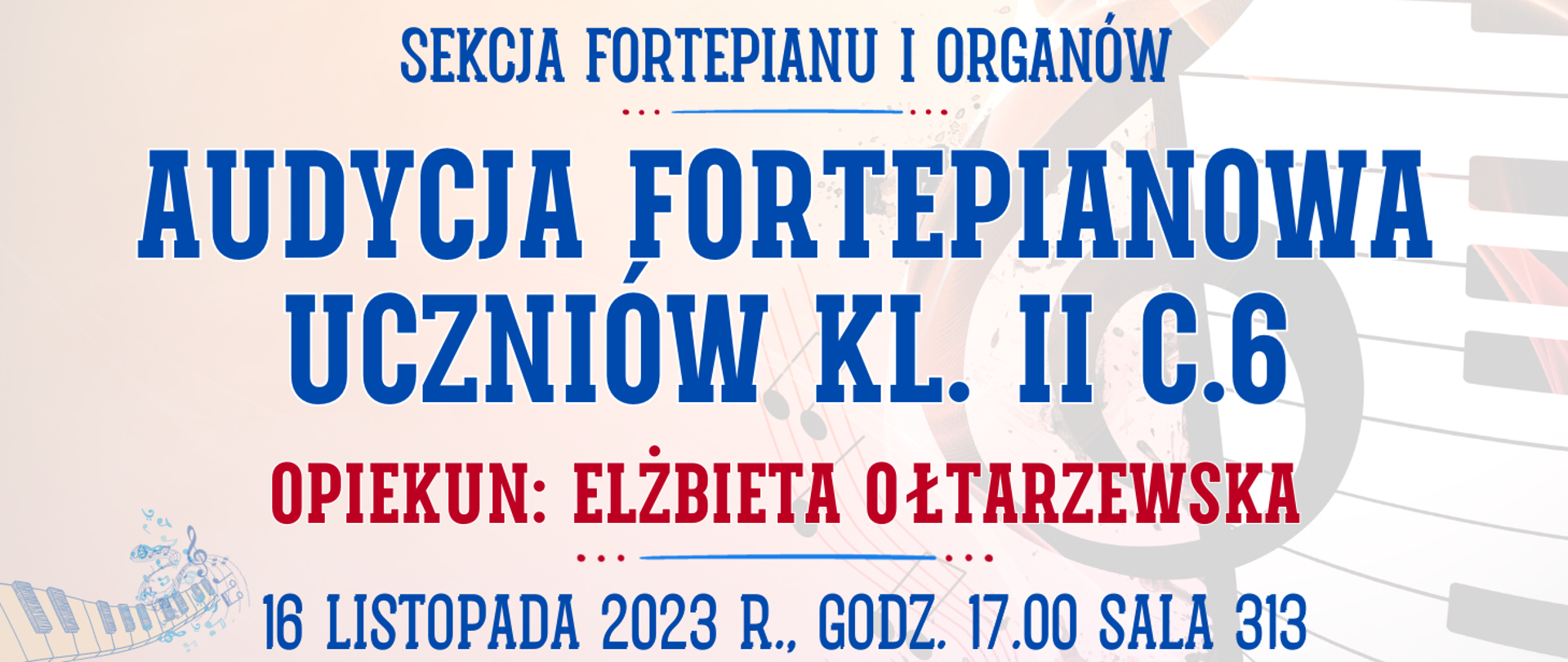 kolorowe tło z muzycznymi elementami typu clipart oraz informacja o wydarzeniu