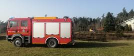 Na pierwszym planie widać samochód ratowniczo-gaśniczy z Ochotniczej Straży Pożarnej w Blizanowie. Pojazd posiada numery operacyjne na boku i jest koloru czerwonego. Na drugim planie spalona sucha trawa oraz zabudowa jednorodzinna.