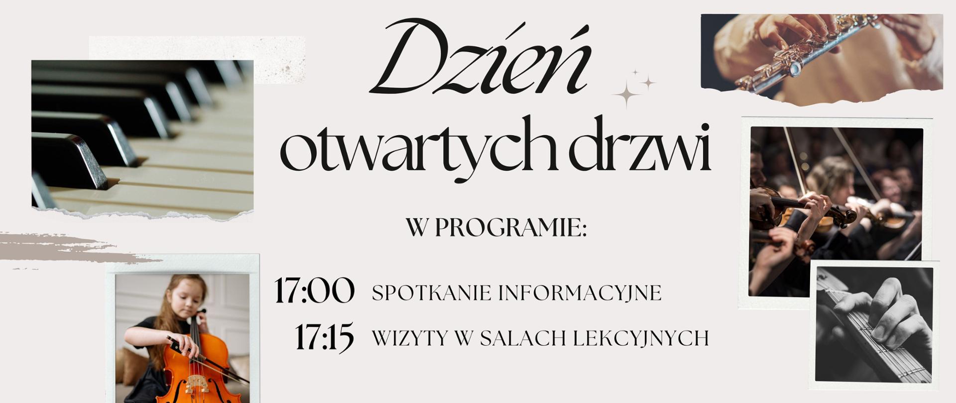 Przejrzysty plakat w kremowym kolorze zawierający liczne zdjęcia
instrumentów muzycznych.
W lewym górnym rogu widnieje zdjęcie klawiatury fortepianu, poniżej
zdjęcie dziewczynki grającej na wiolonczeli, następnie zdjęcia trąbki
oraz marimby. W centralnej części plakatu znajdują się informacje
dotyczące Dnia otwartych drzwi - harmonogram godzinowy oraz data.
Poniżej widnieje logo Państwowej Szkoły Muzycznej I i II stopnia im.
Oskara Kolberga w Szczecinku. W prawym górnym rogu plakatu znajdują się
kolejne zdjęcia - dłonie trzymające flet poprzeczny, poniżej zdjęcie
przedstawiające kobietę grającą na skrzypcach w orkiestrze oraz zdjęcie
dłoni ułożonych w chwycie gitarowym. W prawym dolnym rogu znajduje się
natomiast grafika przedstawiająca dłonie perkusisty podczas gry.