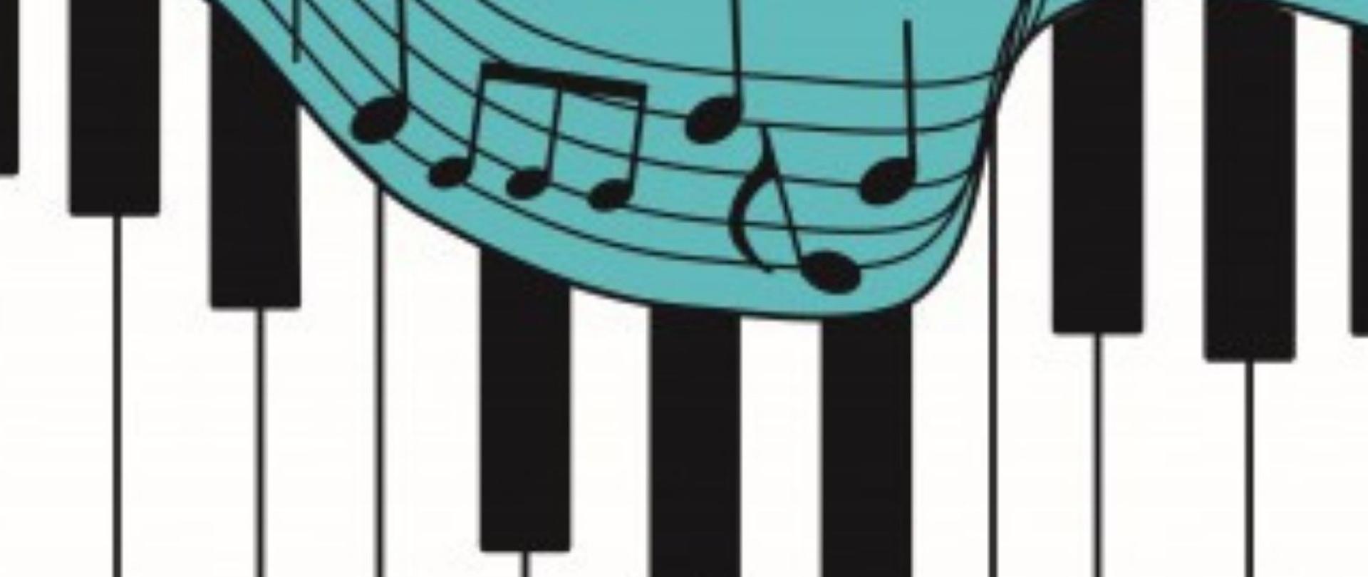 Plakat w pionie informujący o koncercie uczniów klasy fortepianu p. Krystyny Pozorskiej, który odbędzie się 9 czerwca o godzinie 17:30.Głównym elementem plakatu jest grafika białoczarnej klawiatury fortepianu, nad którą na turkusowym tle jest pięciolinia z nutami. Plakat w kolorystyce czarno-biało-turkusowej. U góry plakatu logo szkoły i nazwa.