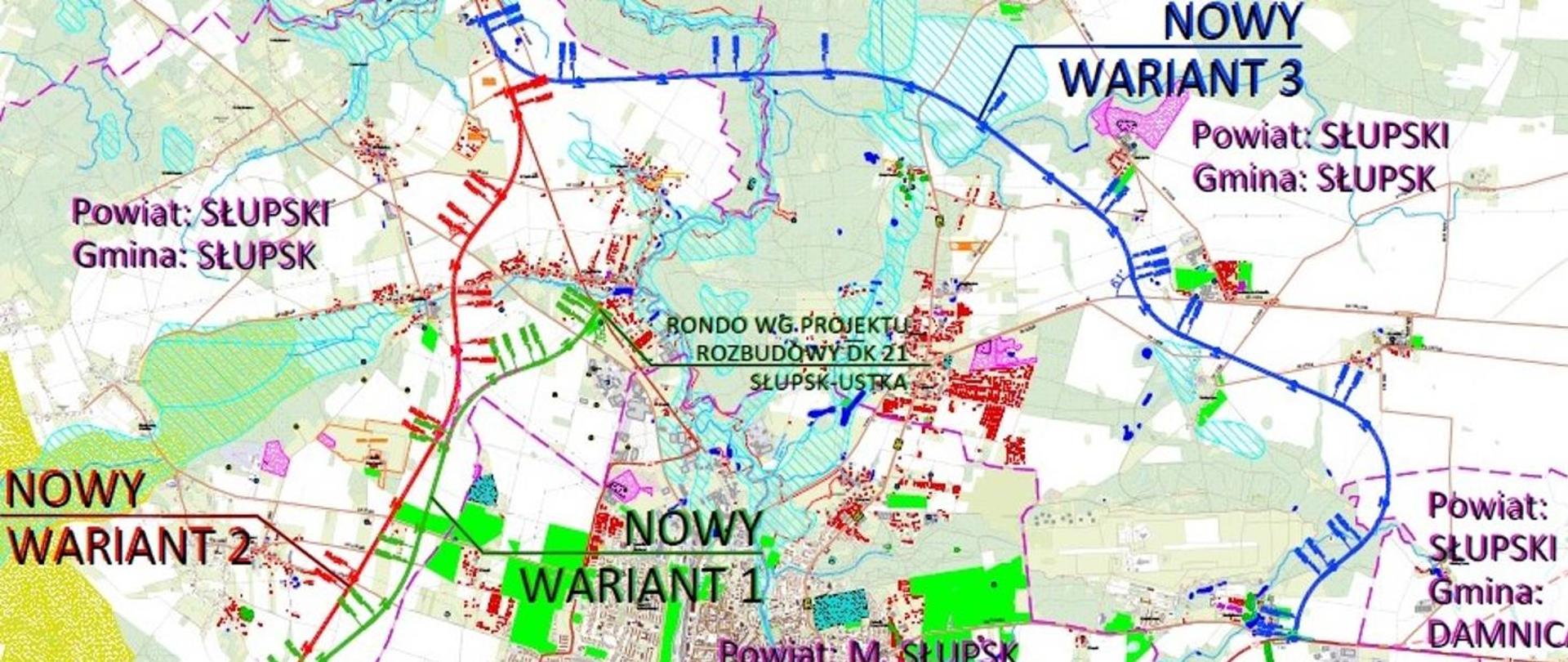 Mapa trzech wariantów przebiegu obwodnicy