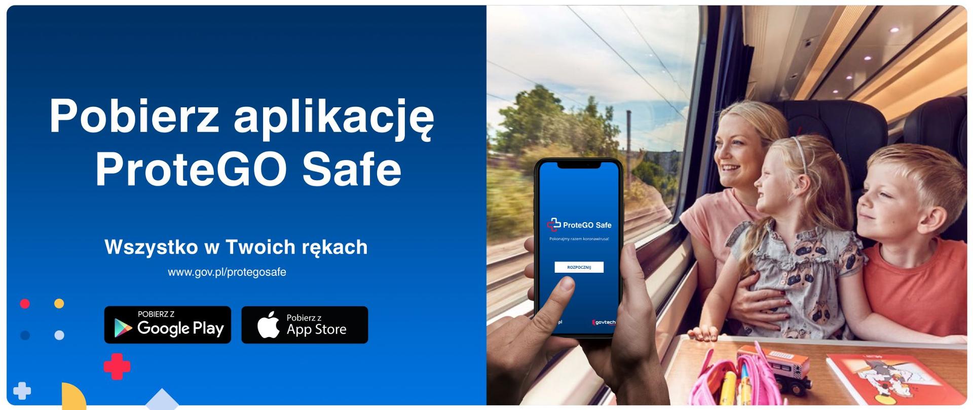 Zdjęcie rodziny w podróży pociągiem. Mama z synem i córką, uśmiechnięci. Na stoliku przybory do kolorowania. Na pierwszym planie męska ręka z telefonem, na ekranie którego otwarte jest okno aplikacji STOP COVID. Obok grafika z napisem: pobierz aplikację ProteGO Safe. Wszystko w Twoich rękach.