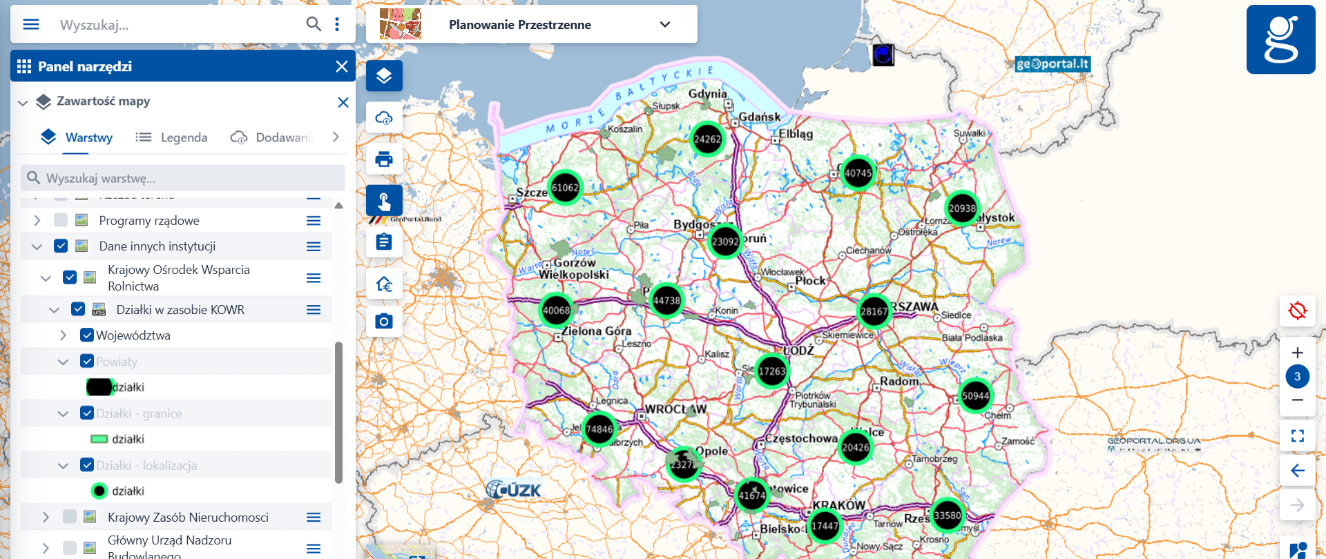 Widok modułu Planowanie przestrzenne z widoczną warstwą "Działki w zasobie KOWR".