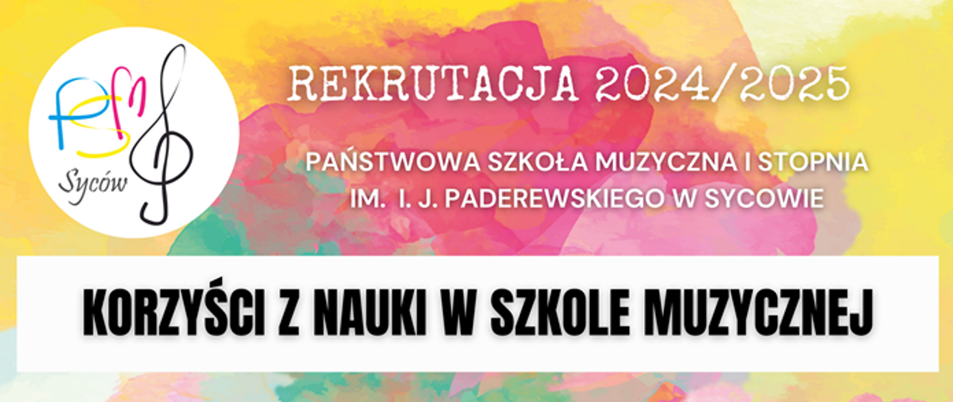 Pastelowe kolory, po lewej stronie logo szkoły, obok pełna nazwa, poniżej czarny napis na białym tle