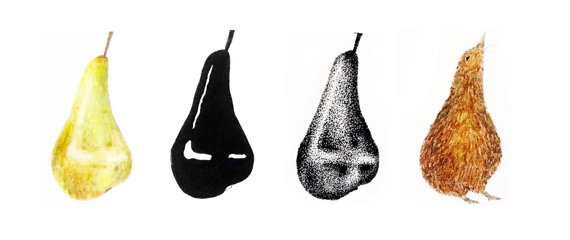 Graficzna przemiana w czterech etapach jasnozielonej gruszki w ptaka kiwi.