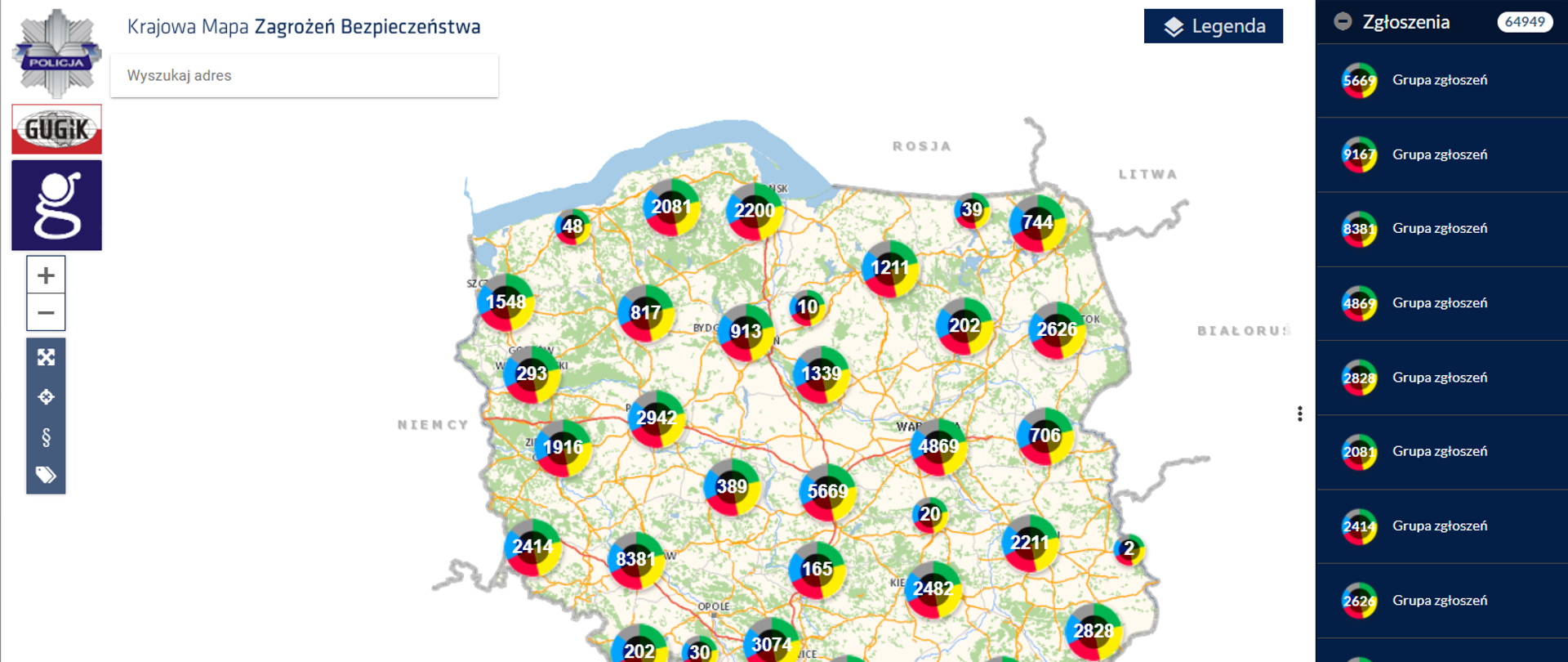 zrzut ekranu prezentujący Krajową Mapę Zagrożeń Bezpieczeństwa 