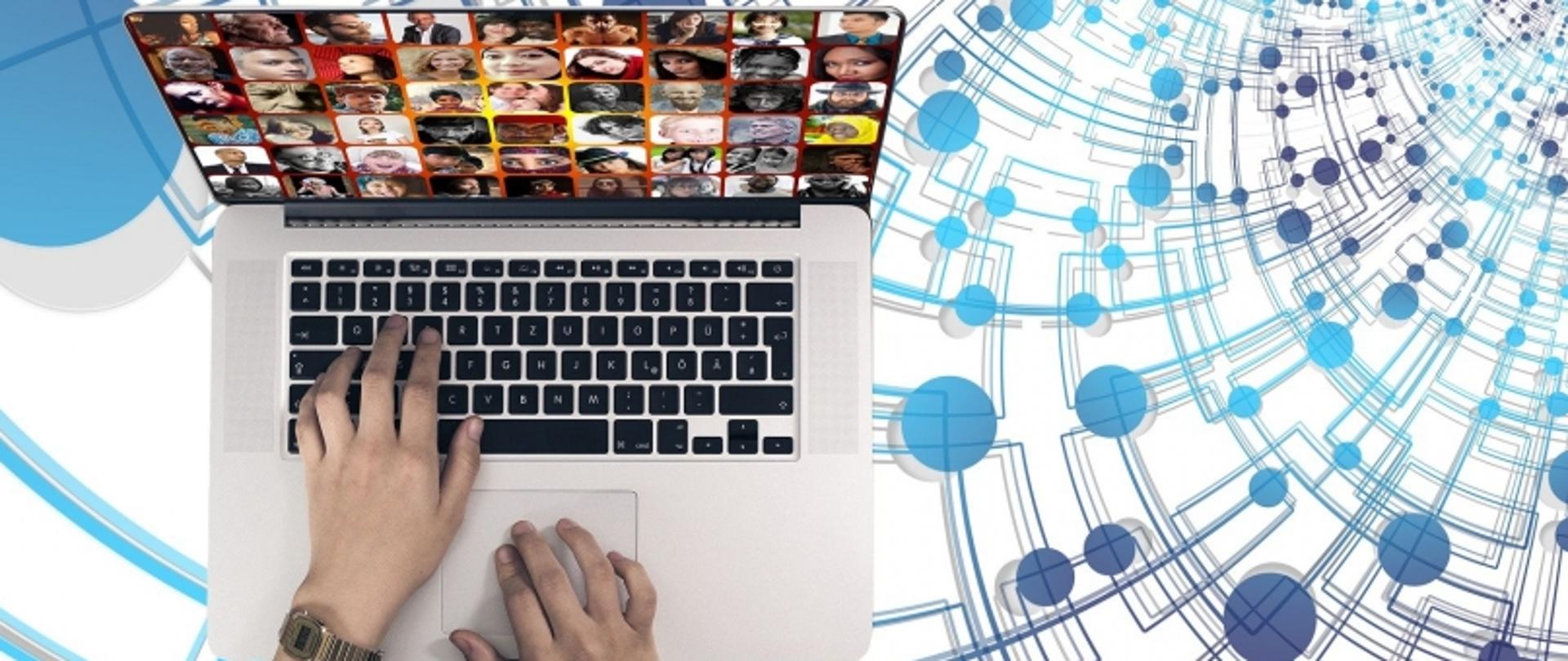 Ręce na klawiaturze laptopa z ekranem pokazującym twarze ludzi, w tle wzory technologiczne.