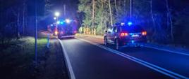 Zaparkowane samochody strażackie na drodze w lesie. Samochody wydają sygnały świetlne. Jest już po zmroku.