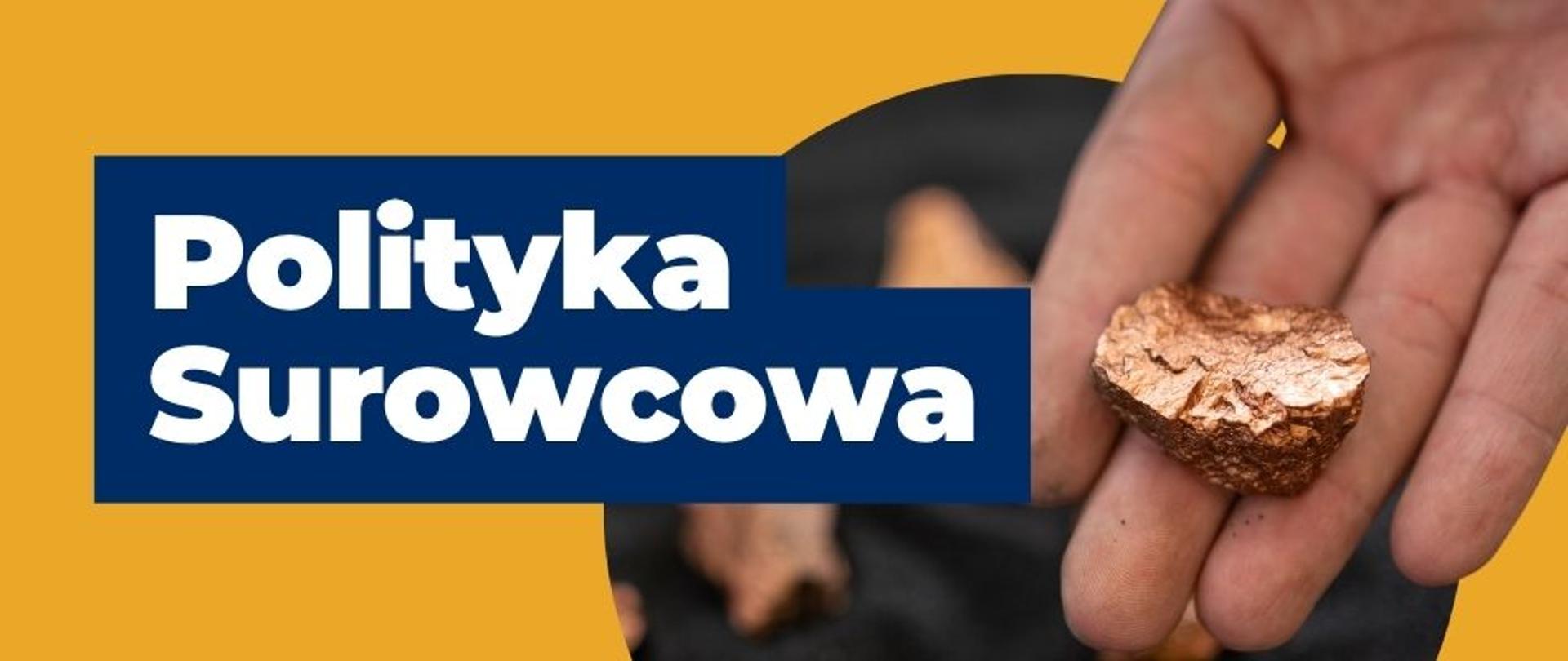 na banerze widnieje napis Polityka Surowcowa, po prawej stronie widoczna jest dłoń, na której leży surowiec. 