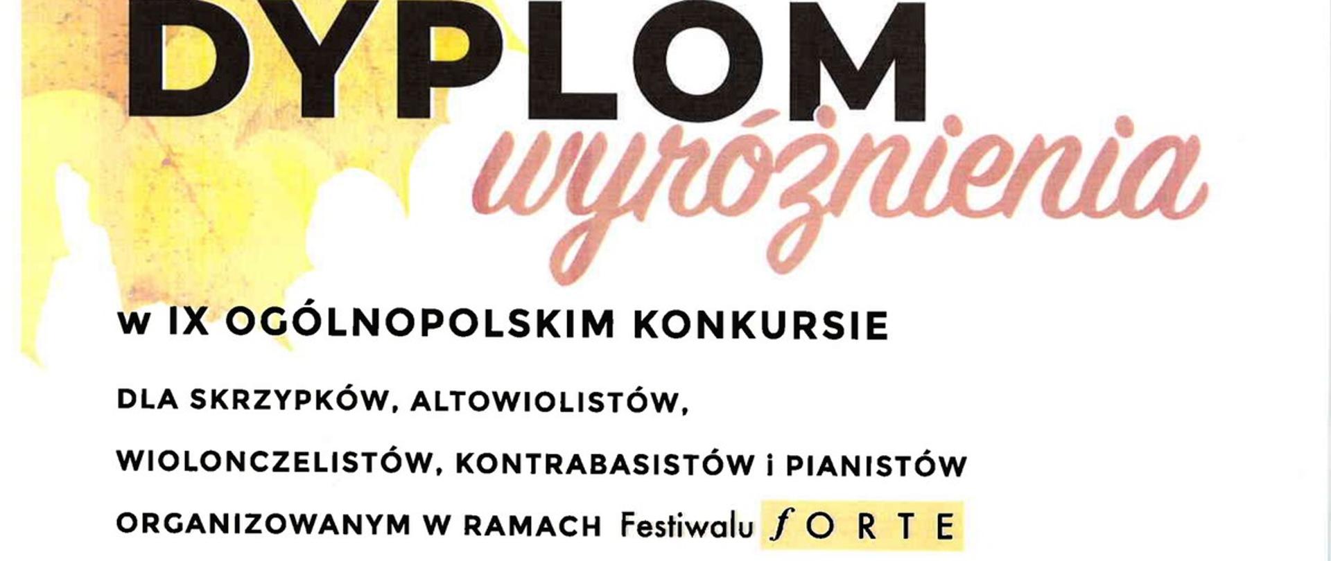 
żółte liście klonu, białe tło, zdjęcia jury Dyplom wyróżnienia w IX Ogólnopolskim Konkursie dla skrzypków, altowiolistów, wiolonczelistów, kontrabasistów i pianistów organizowanym w ramach Festiwalu FORTE, Piotr Sadowski, pedagog Anetta Pękala, 2 grudnia 2024
