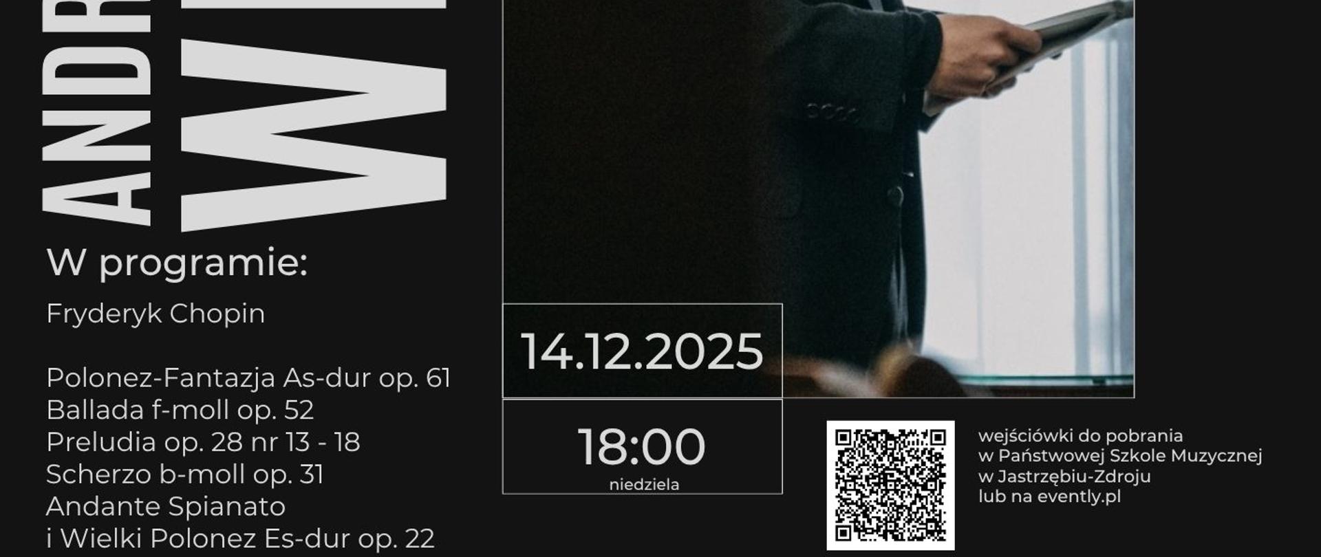 Plakat informacyjny dotyczący Koncertu fortepianowego Andrzeja Wiercińskiego odbywającego się w dniu 14.12.2025 o godz. 18.00.