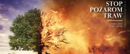 Fotografia przedstawiająca palący się las z napisem STOP pożarom traw - Ziemia jest tylko jedna