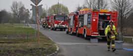 Samochody ratowniczo-gaśnicze oraz specjalne ratownictwa chemicznego straży pożarnej ustawione na drodze dojazdowej do miejsca zdarzenia.