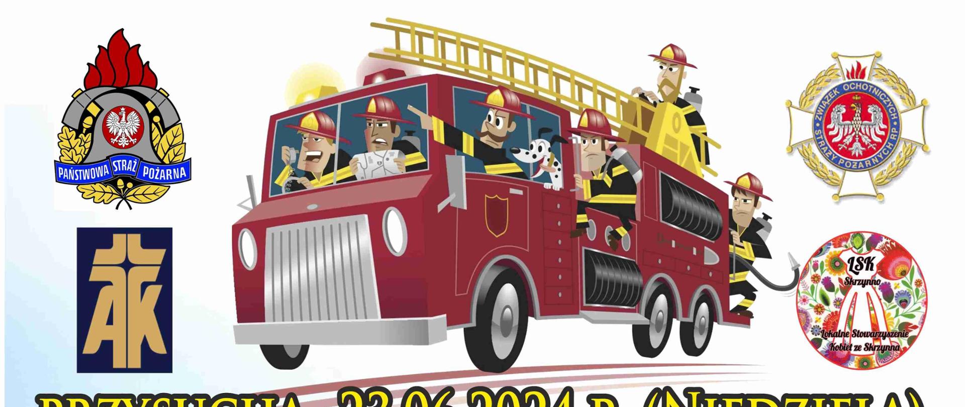 Plakat przedstawiający "Piknik Strażacki" w Przysusze, który odbył się 23 czerwca 2024 roku (niedziela) w godzinach 13:00 - 18:00. Na plakacie widnieją ilustracje wozu strażackiego z siedzącymi na nim strażakami i dziećmi, a także logo Państwowej Straży Pożarnej i Ochotniczej Straży Pożarnej. Wymienione są atrakcje dla najmłodszych, takie jak dmuchana zjeżdżalnia, ścianka wspinaczkowa, przejażdżki wozem strażackim Melex, strażacki tor przeszkód, pokaz ratownictwa drogowego, wspinanie po skrzynkach, szkolenie z zakresu pierwszej pomocy, pogadanki na temat bezpiecznych zachowań podczas letniego wypoczynku, pokaz pojazdów i sprzętu pożarniczego, pokaz gaszenia oleju, zabawa z animatorami, autonomiczne gogle VR z grami oraz słodki poczęstunek. Na dole plakatu znajduje się również informacja o zbiórce charytatywnej na rzecz Stasia Zielińskiego, który walczy z DMD, z adresem strony internetowej siepomaga.pl.