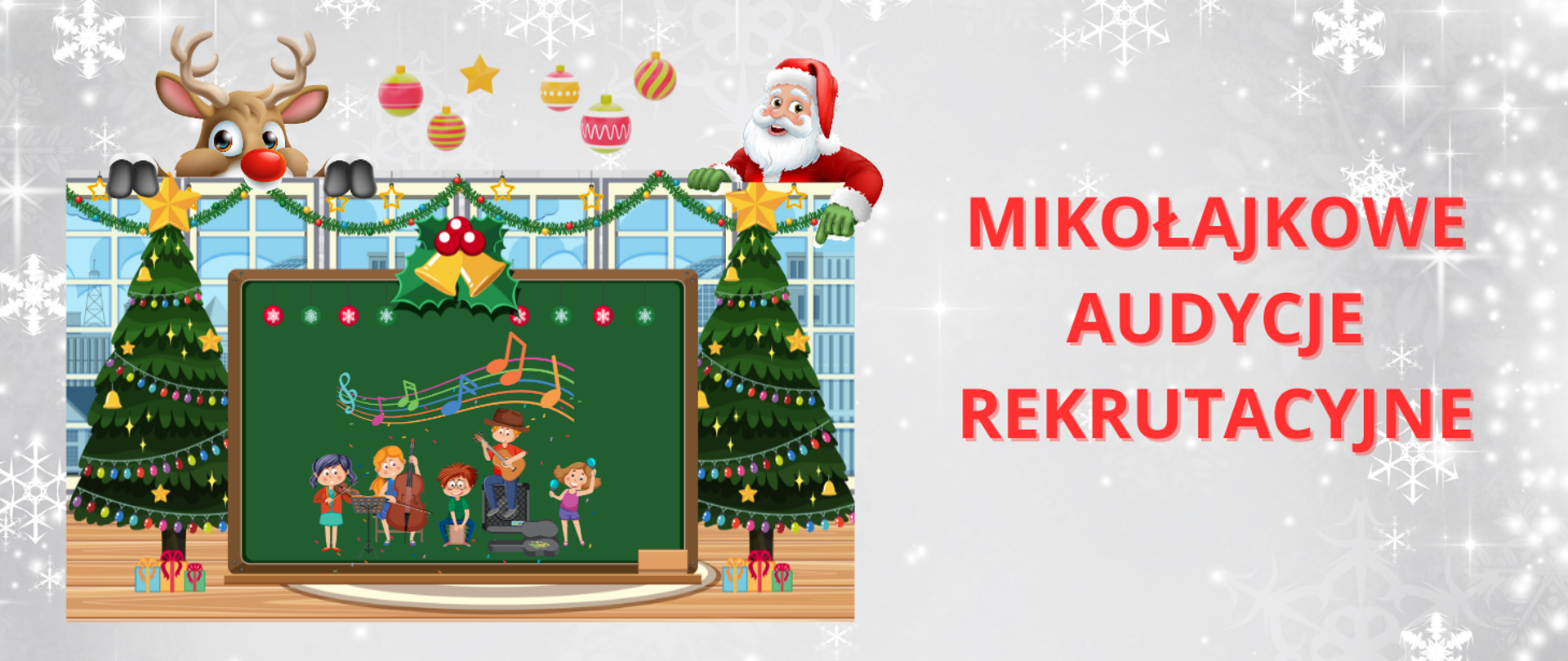 baner na tle w gwiazdki, po lewej stronie scena z dziećmi, obok choinki, po prawej czerwony napis