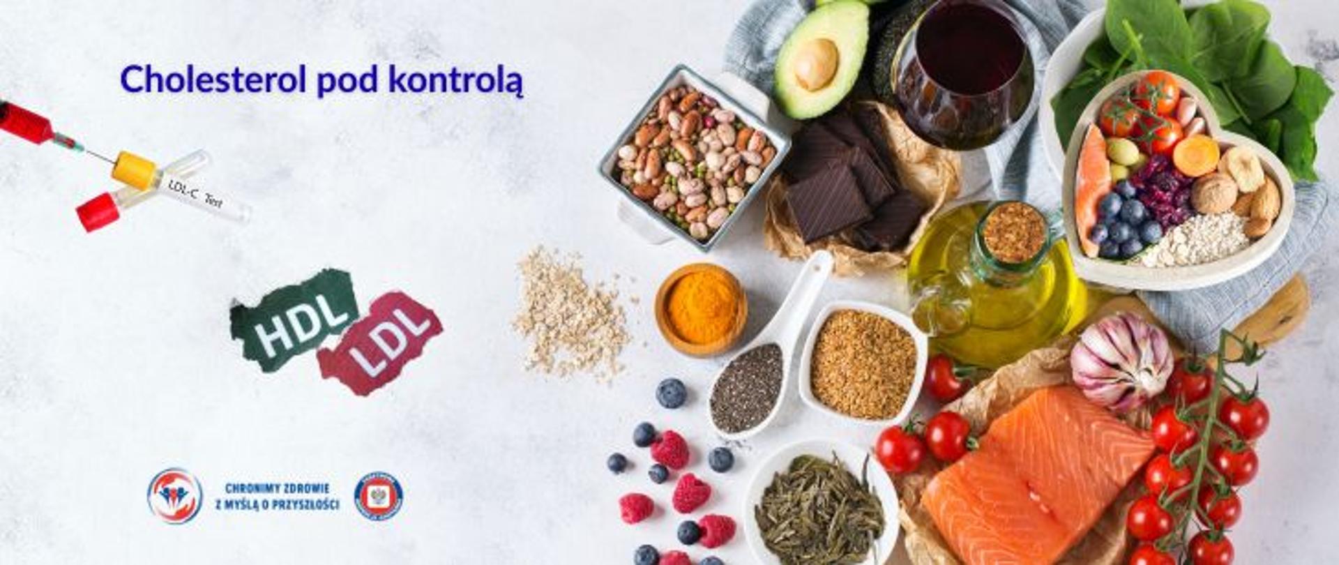 Na jasnym tle po prawej stronie zdrowe produkty spożywcze, m. in. warzywa, owoce, oliwa z oliwek, nasiona. Po lewej stronie u góry ciemnoniebieski napis Cholesterol pod kontrolą, poniżej białe litery HDL na zielonym tle i białe litery LDL na czerwonym tle. Poniżej logo Państwowej Inspekcji Sanitarnej wraz z hasłem chronimy zdrowie z myślą o przyszłości