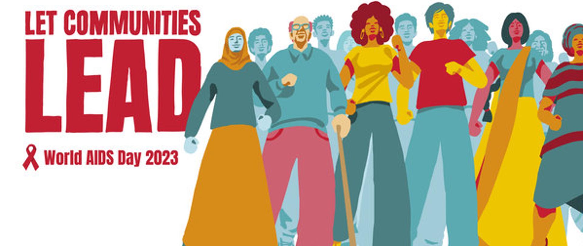 hasło w języku angielskim: pozwólmy społecznościom być liderami, maszerująca grupa osób z różnych grup społecznych