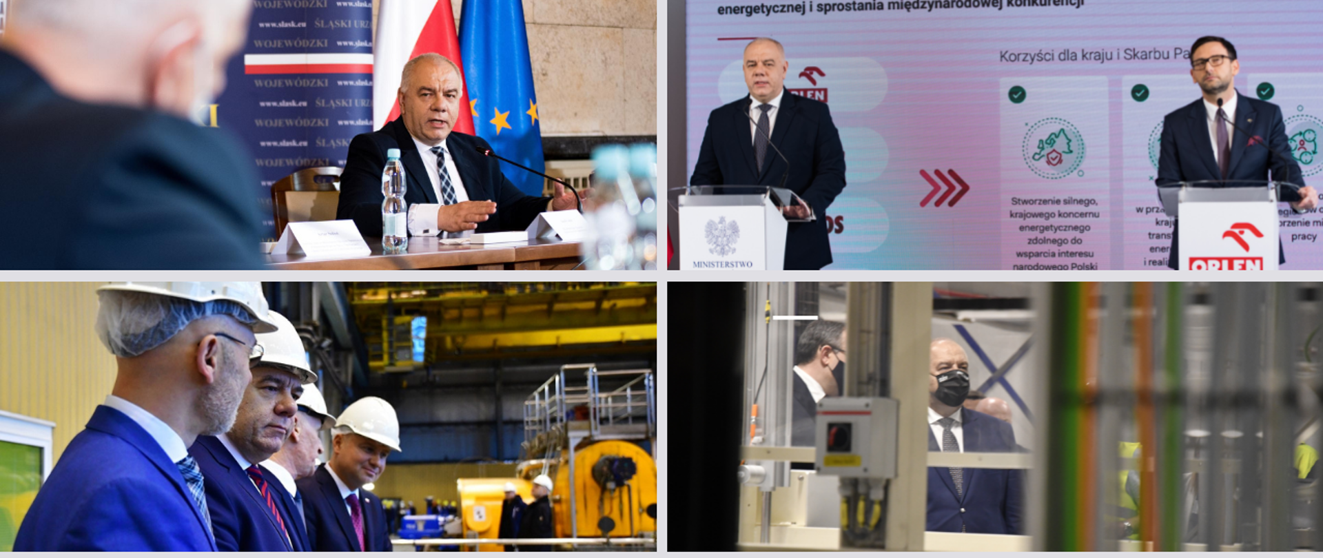 Kolaż czterech zdjęć przedstawiających wicepremiera Jacka Sasina w różnych okolicznościach. Podczas rozmów z górnikami, konferencji z prezesem Danielem Obajtkiem, w Elektrowni Dolna Odra z prezydentem, w zakładach Azoty