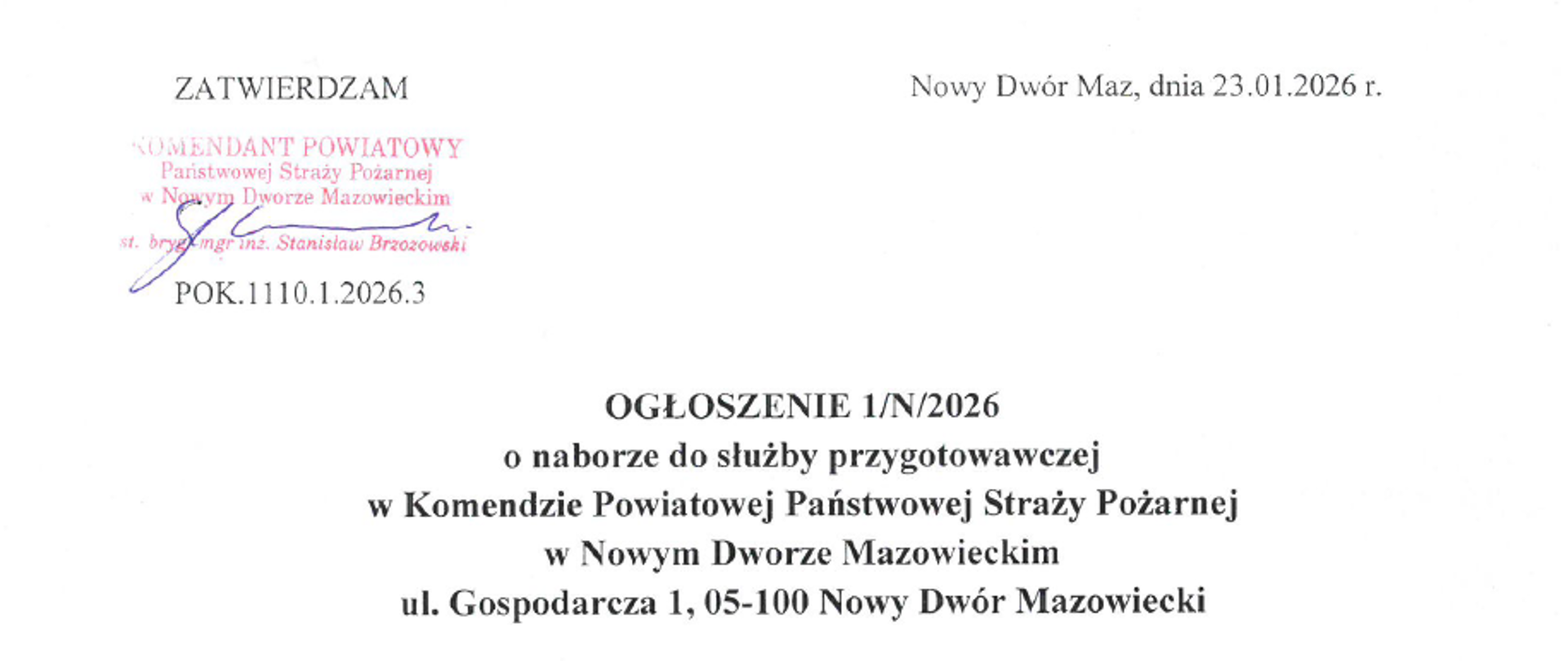 Ogłoszenie nr 1/N/2026 o naborze do służby przygotowawczej w KP PSP w Nowym Dworze Mazowieckim