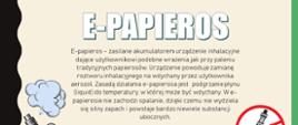 Slajd z prezentacji konkursowej - Szkoła Podstawowa Nr 4 im. Mikołaja Kopernika w Pile - przedstawia rysunki zdjęć e-papierosa oraz tekst: E-papieros – zasilane akumulatorem urządzenie inhalacyjne dające użytkownikowi podobne wrażenia jak przy paleniu tradycyjnych papierosów. Urządzenie powoduje zamianę roztworu inhalacyjnego na wdychany przez użytkownika aerozol. Zasadą działania e-papierosa jest podgrzanie płynu (liquid) do temperatury, w której może być wdychany. W e-papierosie nie zachodzi spalanie, dzięki czemu nie wydziela się silny zapach i powstaje bardzo niewiele substancji ubocznych.