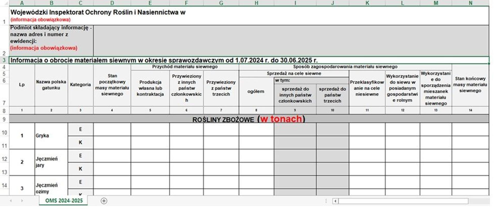 Widok tabeli ze sprawozdaniem OMS