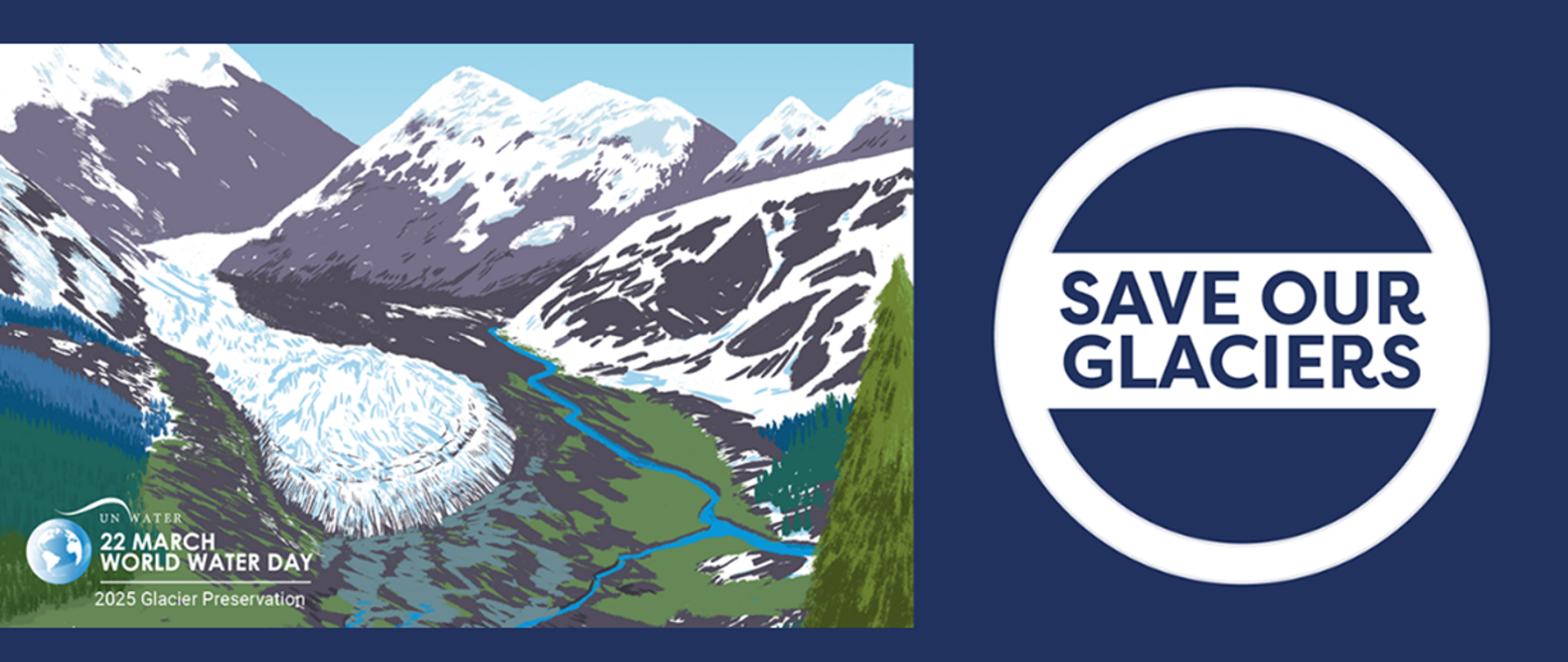 Z lewej strony widać topniejący lodowiec, a z prawej napis "Save or glaciers"