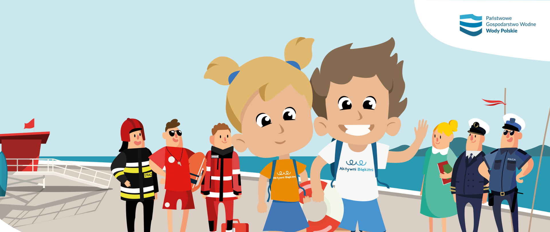 Plakat przedstawia uśmiechnięte postacie dzieci, strażaka, policjanta, ratownika na plaży nad morzem