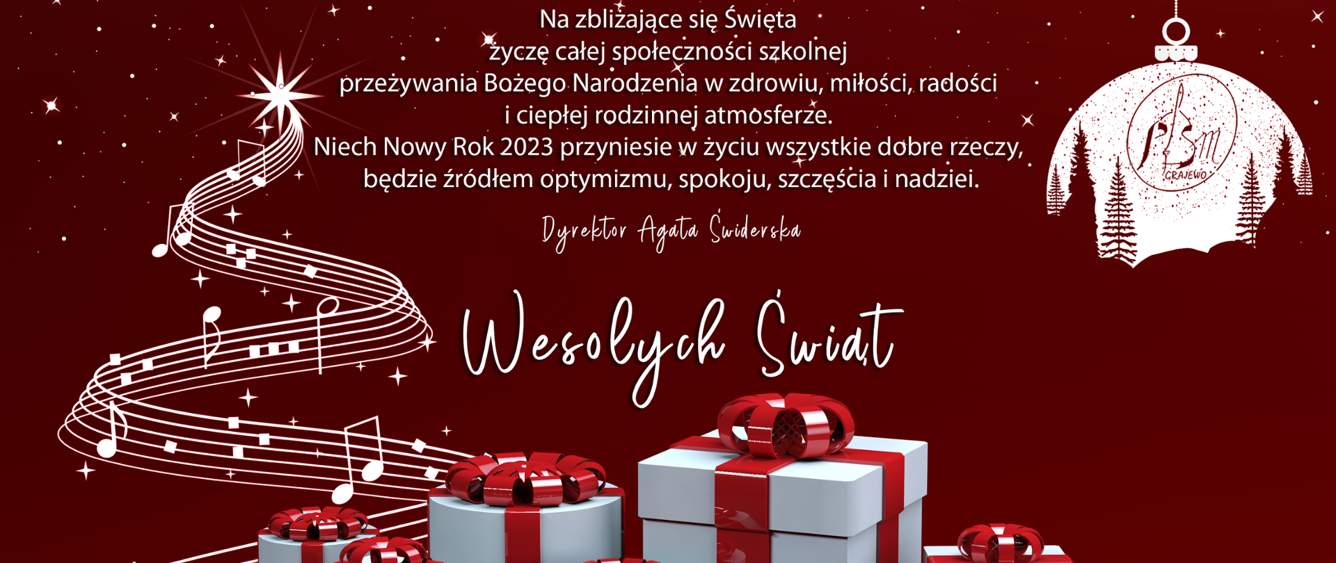 Kartka z życzeniami świątecznymi na bordowym tle z motywami świątecznymi oraz muzycznymi. Na dole białe świąteczne pudełka na prezenty z czerwonymi wstążkami