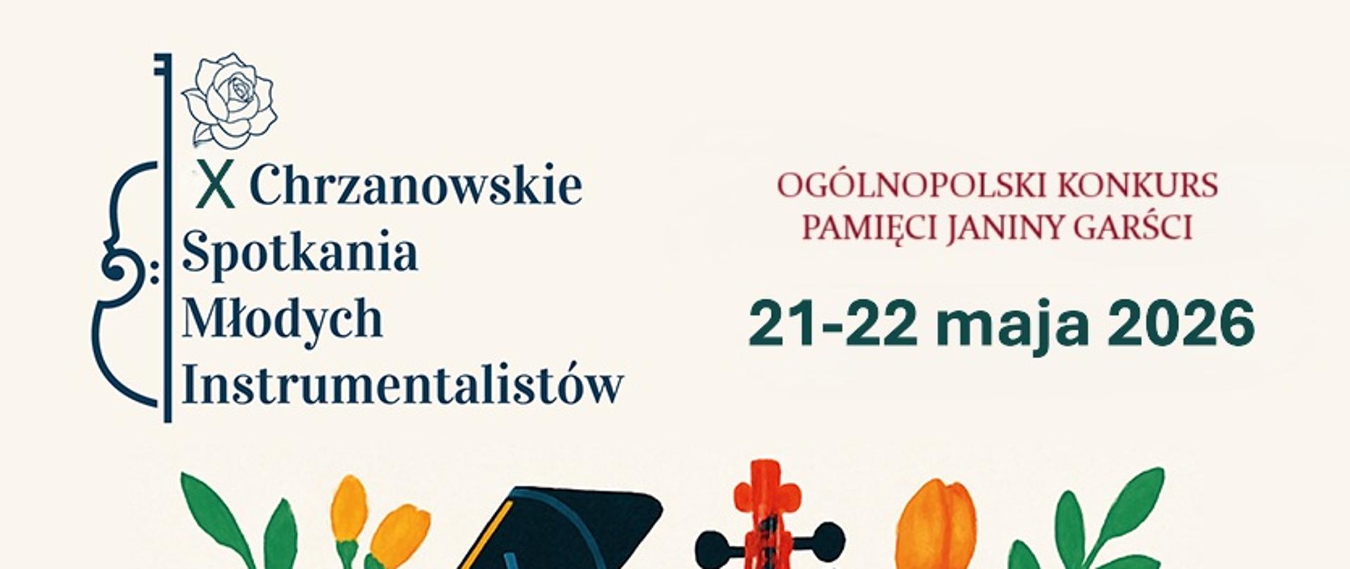 Afisz - Wiosenne Muzykowanie 2026 - informacje o konkursie. Rysunek fortepianu, wiolonczeli i trąbki między kwiatami.