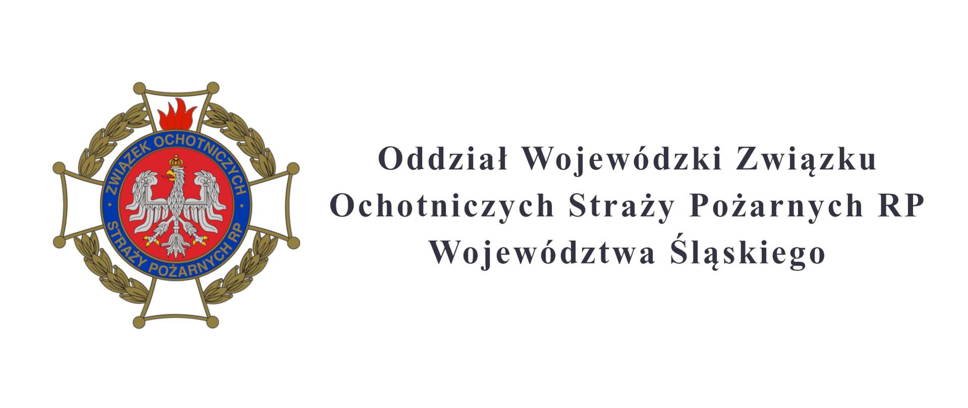 Ilustracja przedstawia na białym tle po lewej stronie znak związku Ochotniczych straży Pożarnych RP. Po prawej napis: Oddział Wojewódzki Związek Ochotniczych Straży Pożarnych RP województwa śląskiego