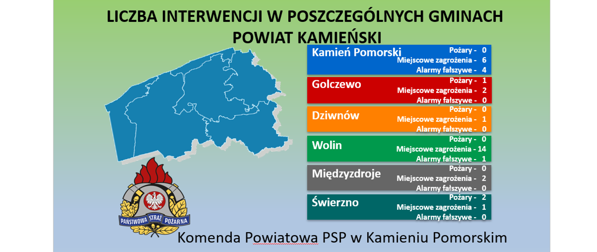 Liczba interwencji w poszczególnych gminach powiatu kamieńskiego