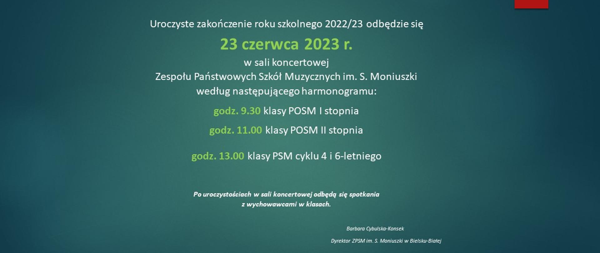 napis na zielonym tle uroczyste zakończenie roku szkolnego 2022