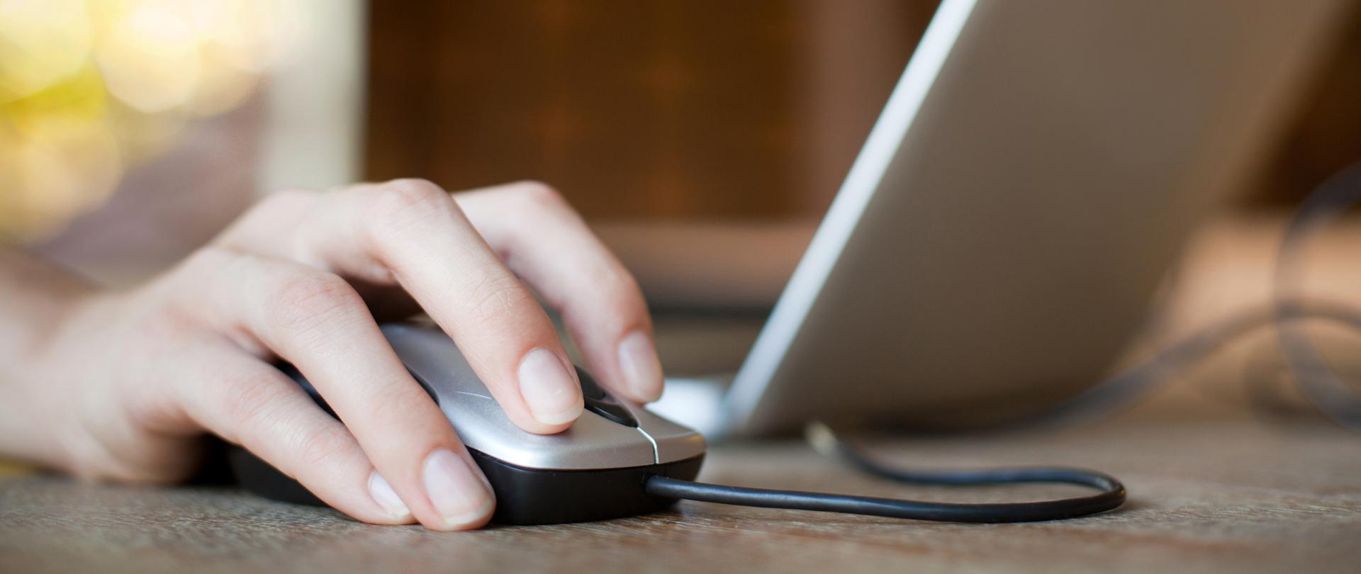 mouse click, woman hand with mouse and laptop