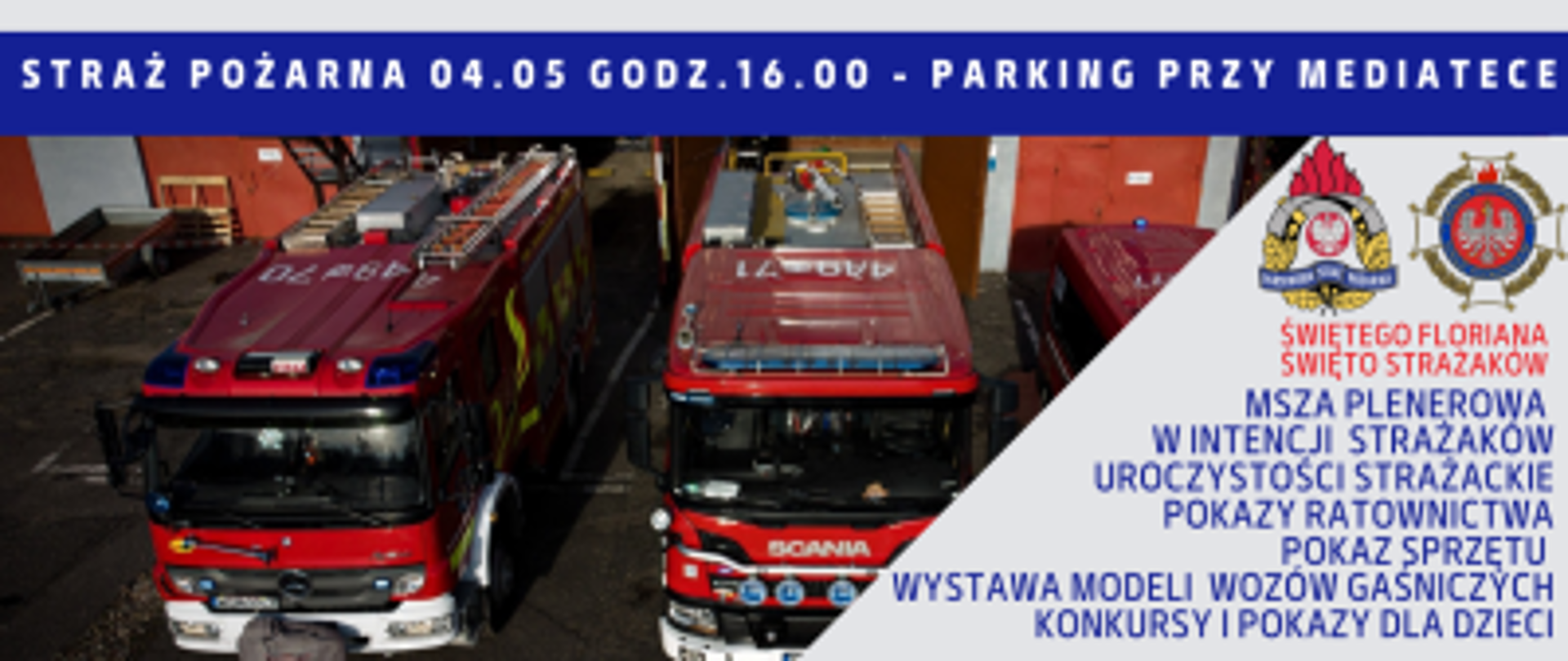 Plakat promujący wydarzenia na terenie miasta i gminy Grodzisk Mazowiecki. 04.05 Straż Pożarna, 05.05 Straż Miejska, 06.05 Policja