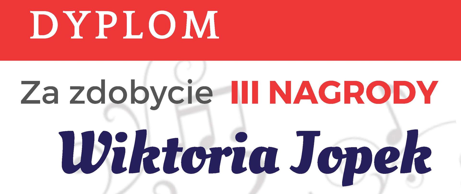 Grafika przedstawia dyplom utrzymany w biało-czerwonej kolorystyce z jasnym tłem ozdobionym motywami nut oraz ilustracjami instrumentów muzycznych i zapisów nutowych. W centralnej części umieszczono informację o przyznaniu III Nagrody Wiktorii Jopek w III Ogólnopolskim Konkursie „Mistrz Miniatury 2026”, a poniżej znajdują się nazwiska członków jury. Na dyplomie podano także miejsce i termin konkursu: Poznań, 6–8 czerwca 2026 roku.