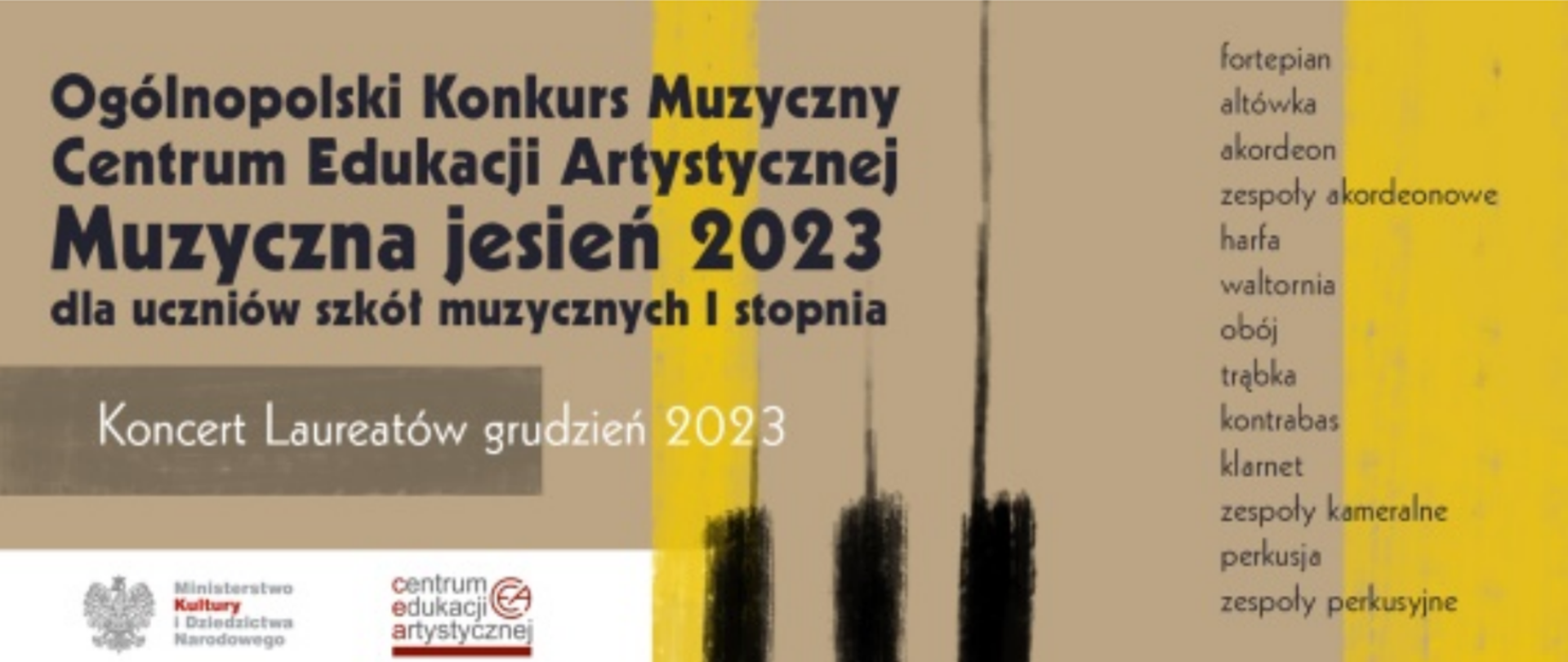 Brązowe tło a na nim napis Muzyczna jesień 2023 i Koncert Laureatów 2023