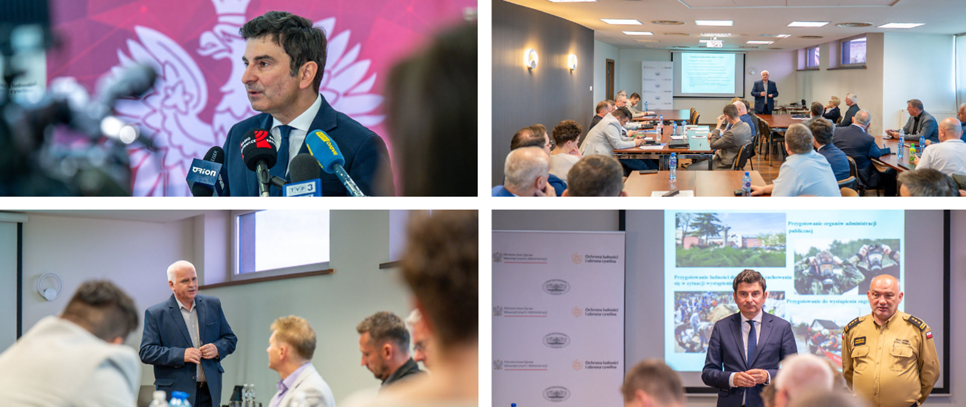 Kolaż 4 zdjęć przedstawiających rozpoczęcie szkoleń z zakresu ochrony ludności
