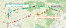 Mapa poglądowa odcinka autostrady A4 między węzłami Radymno i Korczowa. Zaznaczono objazd dla samochodów ciężarowych w kierunku Korczowej, poprowadzony drogą równoległą (kolor zielony), oraz fragment trasy, na którym ruch zostanie przełożony z jednej jezdni na drugą (kolor pomarańczowy). Widoczne są także oznaczenia węzłów drogowych i przebieg autostrady A4.
