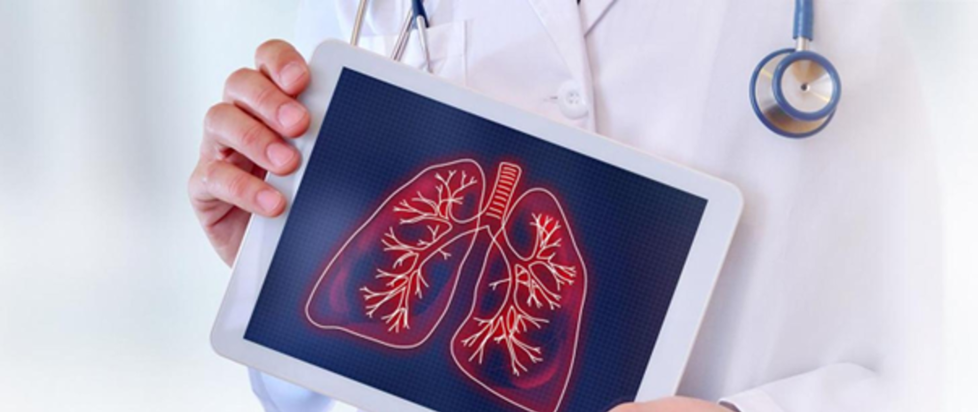 Lekarz na białym tle trzyma tablet z wyświetloną grafiką rysunku płuc. 