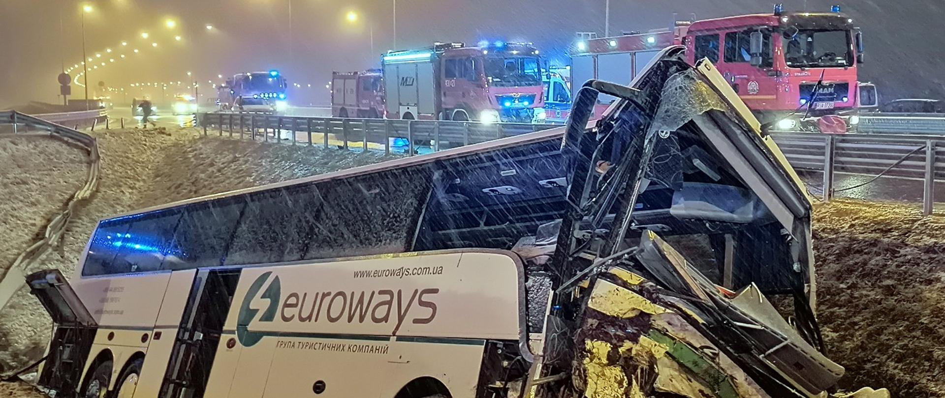 Na zdjęciu widać uszkodzony autobus, który wpadł do rowu przy autostradzie. Na pasie ruchu stoją pojazdy strażackie z włączoną sygnalizacją świetlną. Zdjęcie zrobione w porze nocnej, w trakcie opadów śniegu.