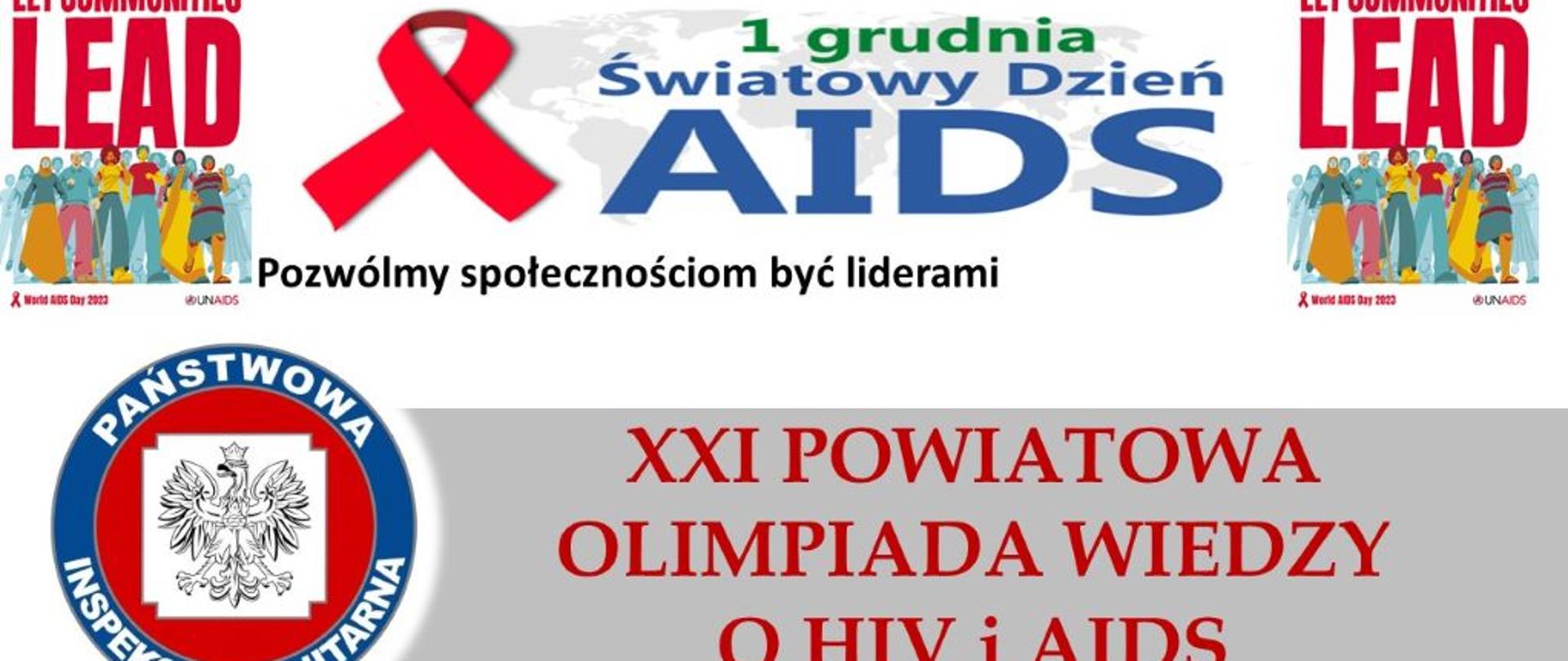 na białym tle kolorowy napis 1 grudnia Światowy Dzień AIDS XXI powiatowa Olimpiada Wiedzy o HIV i AIDS, logi Inspekcji sanitarnej