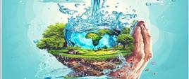 Ręka trzymająca fragment ziemi, nad nią odkręcony kran z wodą