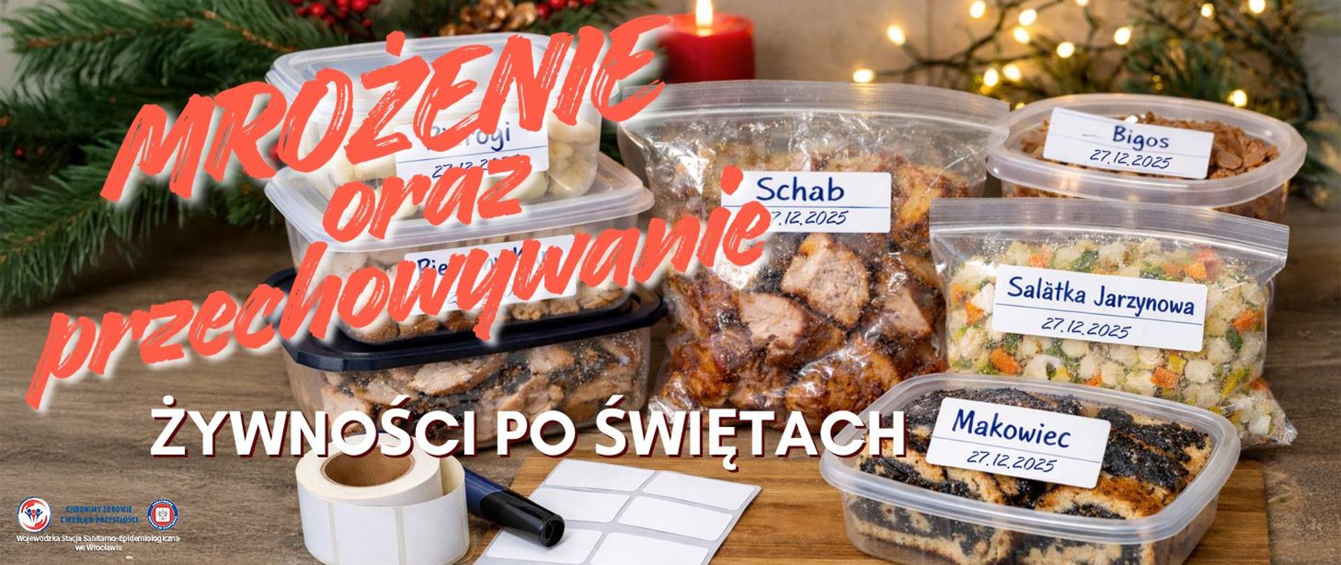 Porcjowanie i mrożenie świątecznych potraw – pierogi, mięsa i ciasta przygotowane do bezpiecznego przechowywania w zamrażarce po Bożym Narodzeniu.